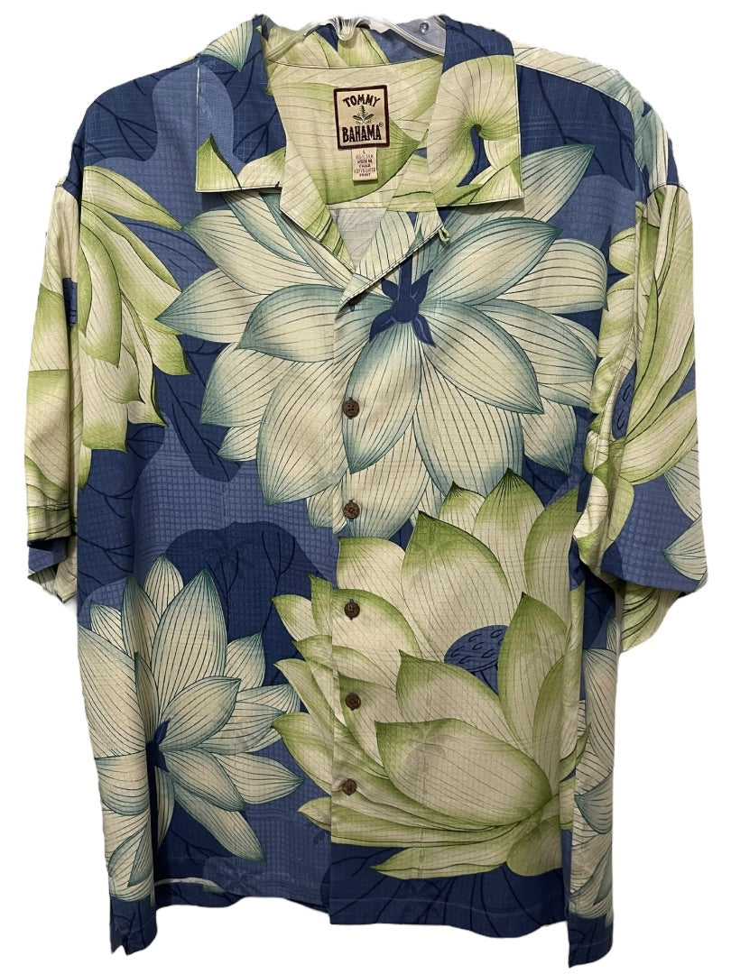 Large Tommy Bahama Mens Blue Yellow Tropical Button Up Shirt Short Sleeve