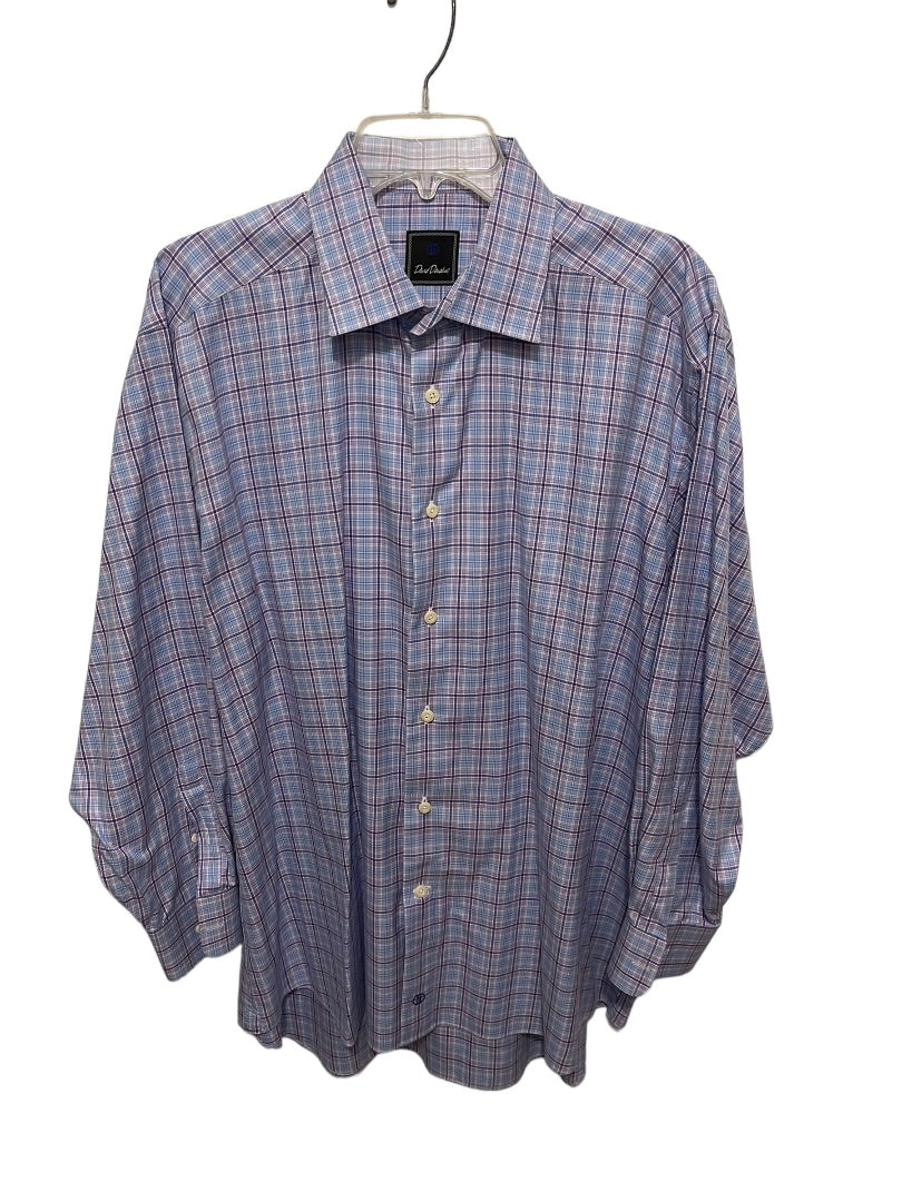 17.5 (32/33) David Donahue 100% Cotton Button Up Mens Plaid Dress Shirt Purple Blue Plaid