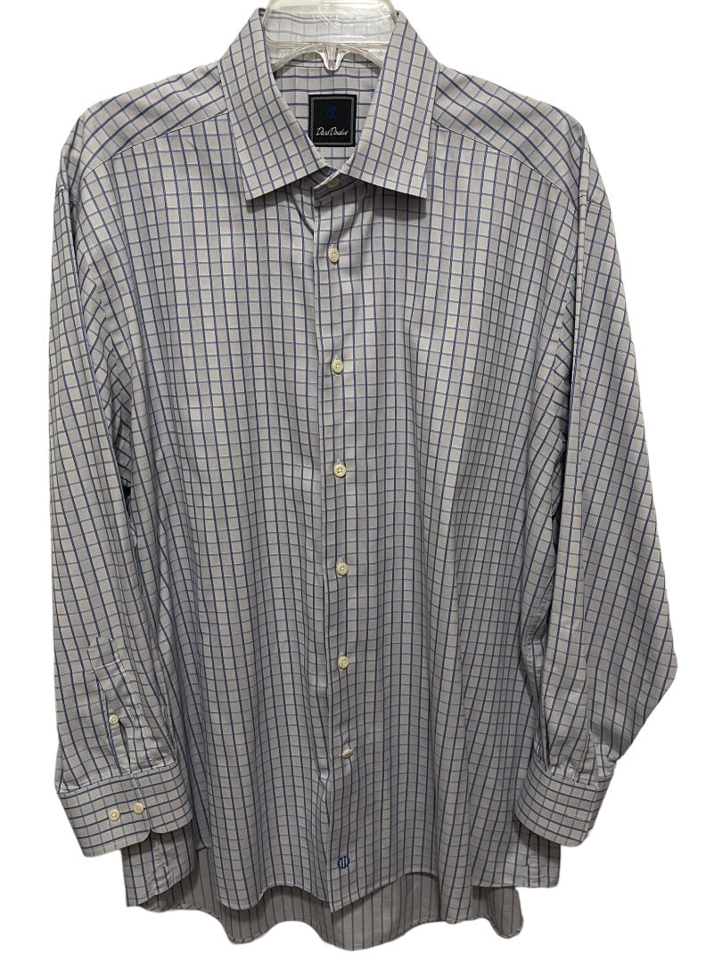 17.5 (32/33) David Donahue 100% Cotton Button Up Mens Plaid Dress Shirt Blue