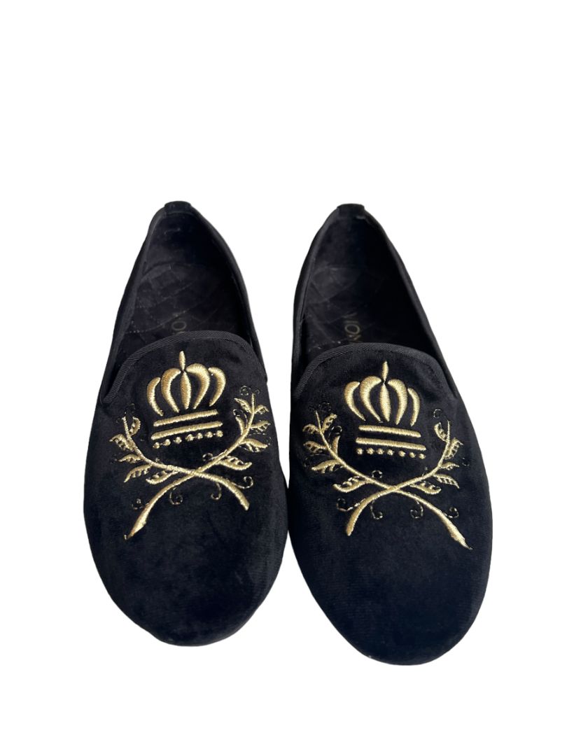 7.5 M Vionic Romi Black Velvet Flat Smoking Loafer Comfort Regal Crest Embroidered