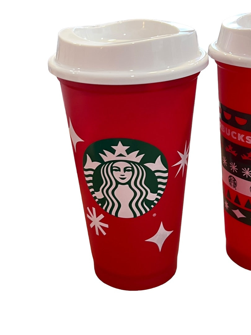 Starbucks 2 Christmas Coffee Cups & Lids Red Holiday Plastic 25 Years Tall 16oz Brand New