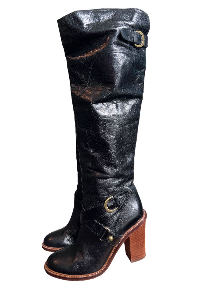 Size 8M Boutique Women's Charissa Black Leather Over the Knee Buckle Heeled Boots Boot