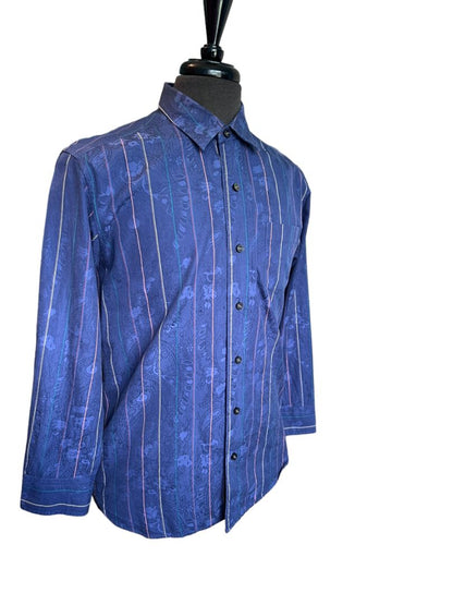 Size Small Tommy Bahama Blue Multi Stripe Floral Imprint Silk Blend Button Down Shirt