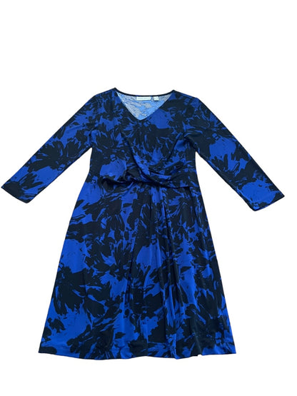 XS Susan Graver Blue Black Liquid Knit Faux Wrap Dress Black Blue