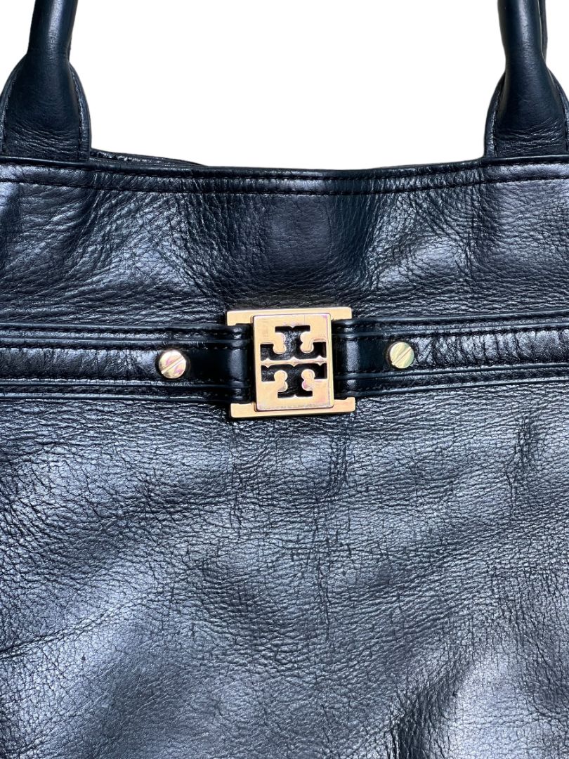 Tory Burch Jaden Black Leather Tote Gold Tone Hardware