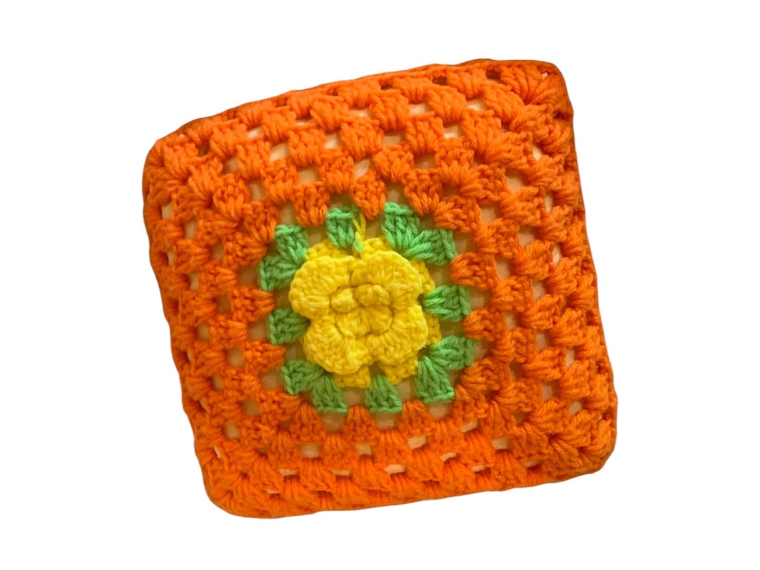 Vintage 1980s Crochet Cover Flower Throw Pillow 10" Accent Orange