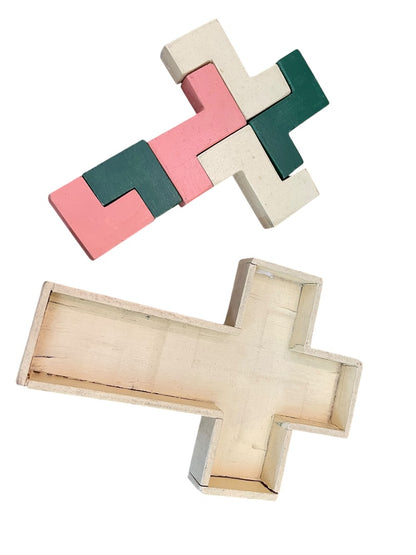 Vintage Wooden Cross Puzzle Toy 6 Pieces with Wooden Cross Box