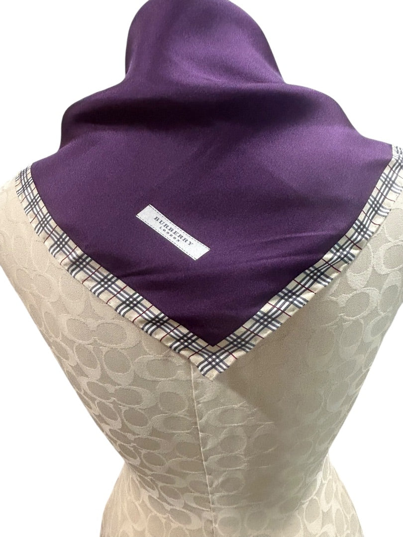 Burberry London Silk Scarf Purple New 22.5" Square Rolled Edge Plaid Trim