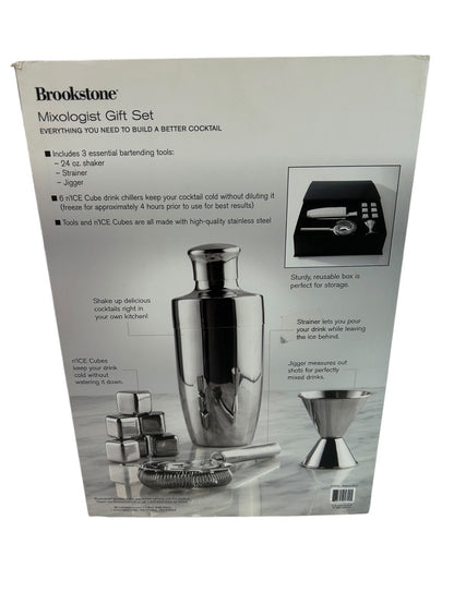 Brookstone Mixologist Gift Set Shaker Strainer Jigger Chillers Stainless Steel New