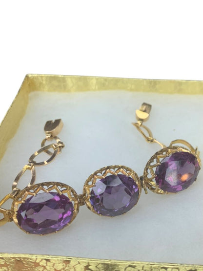14k Yellow Gold Synthetic Amethyst Bracelet Vintage Jewelry Heart Filigree Setting 7.5"