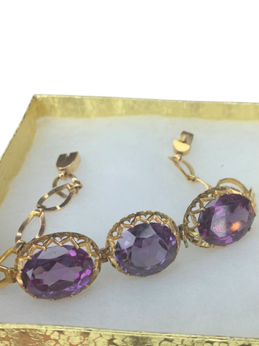 14k Yellow Gold Synthetic Amethyst Bracelet Vintage Jewelry Heart Filigree Setting 7.5"