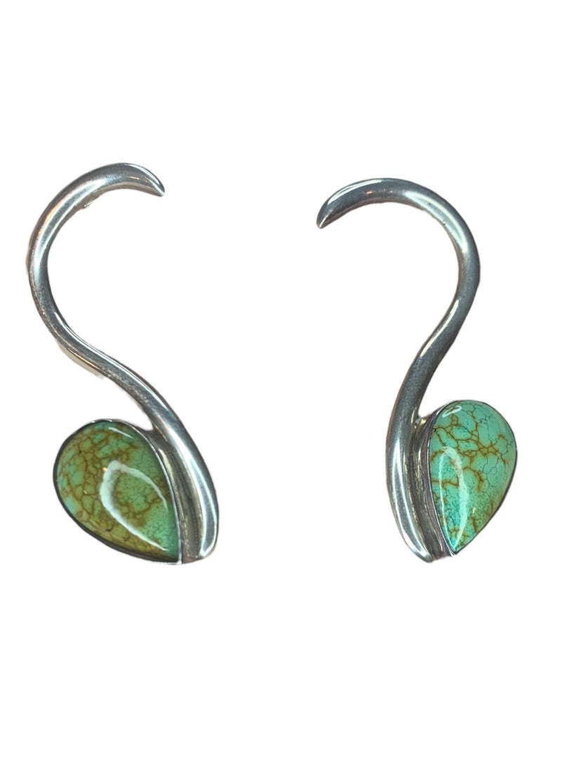 Vintage Sterling Silver 925 Green Turquoise Post Pierced Earrings 2.5" Drop "KD" Owl Hallmark