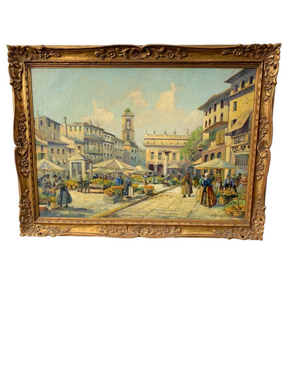 H Johanns Oil Painting on Canvas Market Day Town Square Signed 33.5" x 45.5" Framed