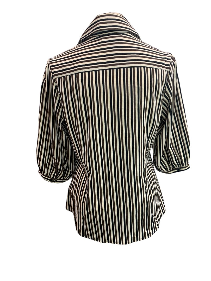 Large Ninety Womens Brown Black Striped Half Sleeve Button Up Blouse