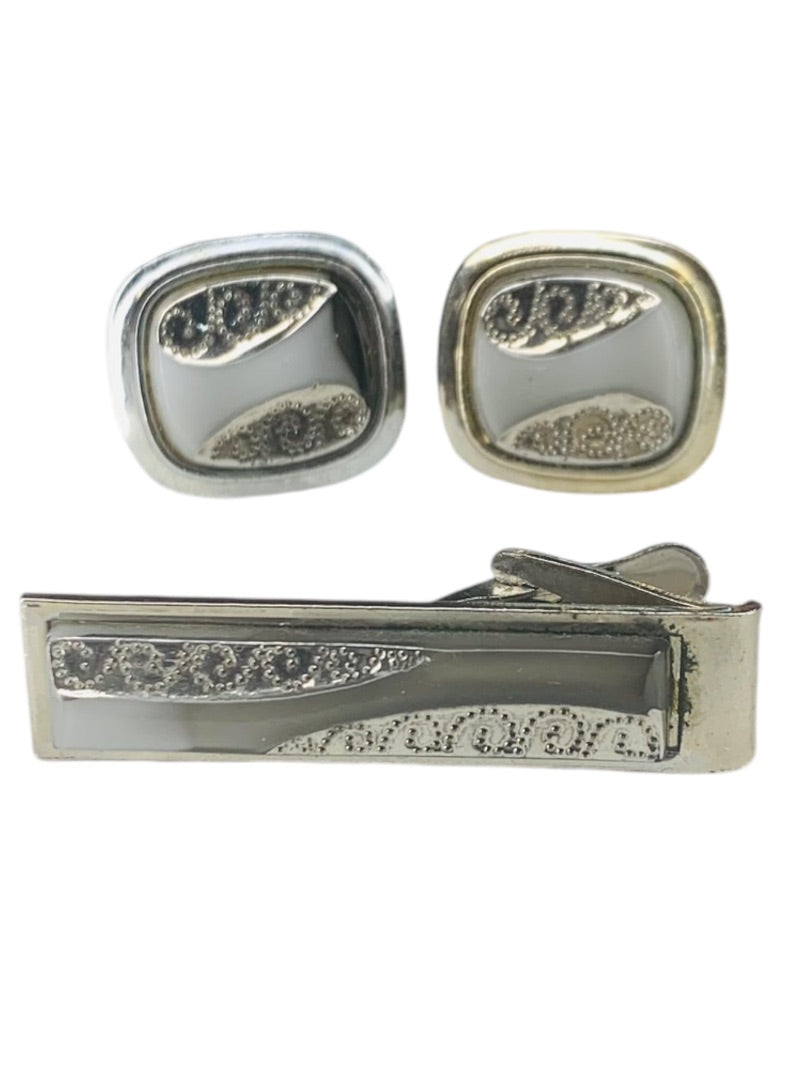 Mens Tie Clip and Pair Cufflinks Set Vintage 1960s Silvertone Gray Stone
