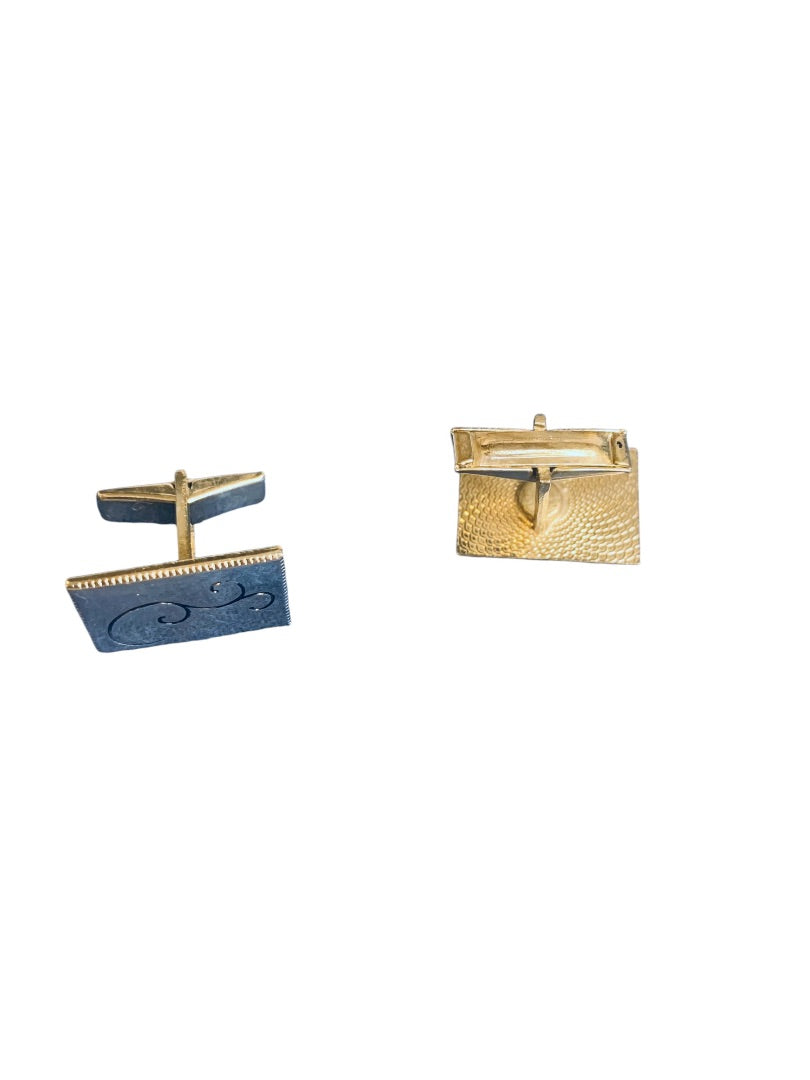 Vintage 1960s Pair Silvertone Cufflinks Swirl Design Bullet Back Rectangular