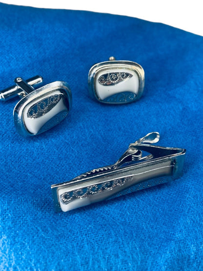 Mens Tie Clip and Pair Cufflinks Set Vintage 1960s Silvertone Gray Stone