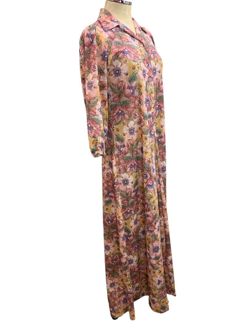 Large Custom Made by D. Wear 1960s Pullover Floral Polyester Long Dress