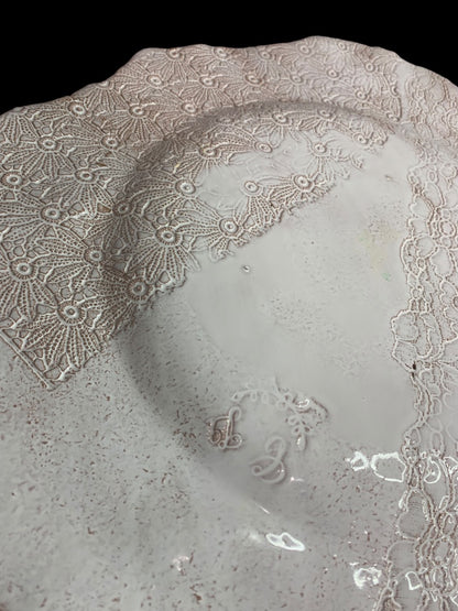 Art Pottery 15 Inch Serving Platter Plate Lace Design Shabby Chic White