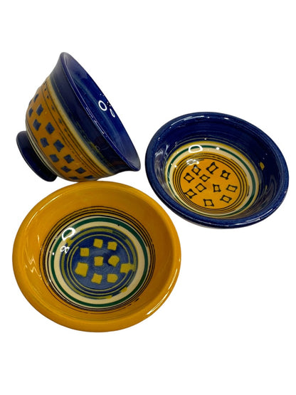 Small Signed Art Pottery MCF Yellow Blue Set of 3 Bowls