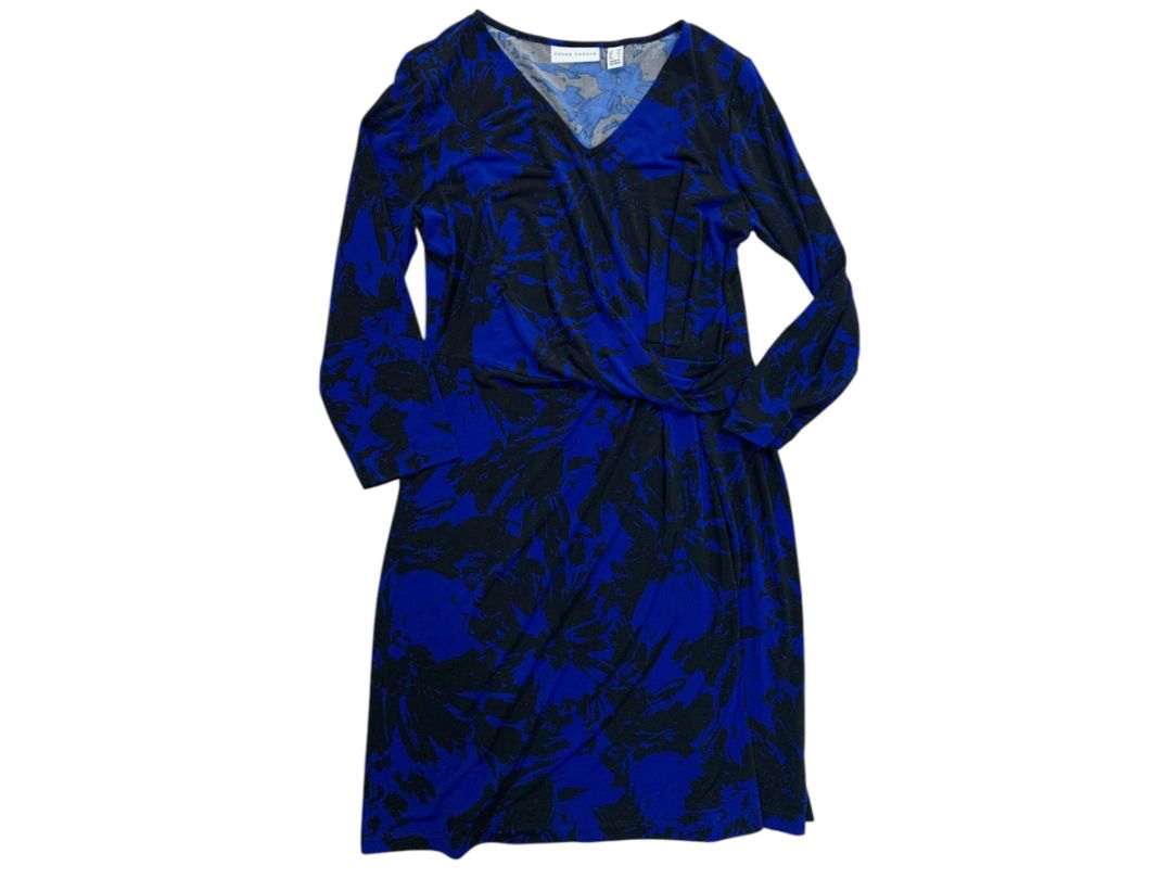 XS Susan Graver Blue Black Liquid Knit Faux Wrap Dress Black Blue