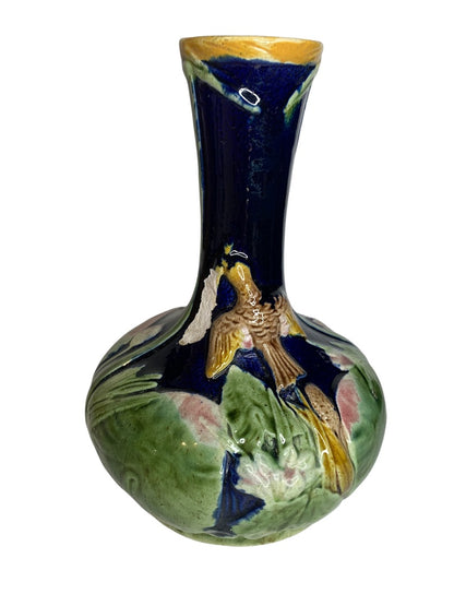 Antique Majolica Hummingbird Vase 8.5 Inch Cobalt Chips