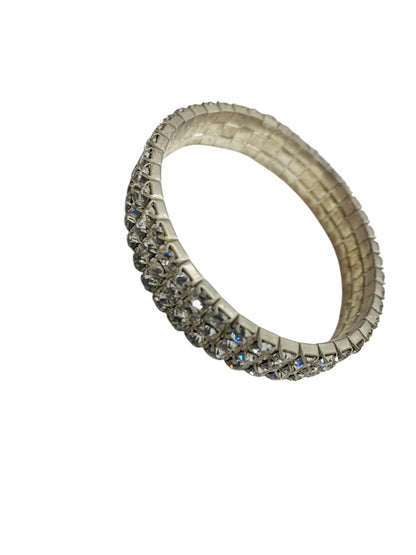 Vintage Rhinestone 3 Row Stretch Bracelet Silvertone Setting
