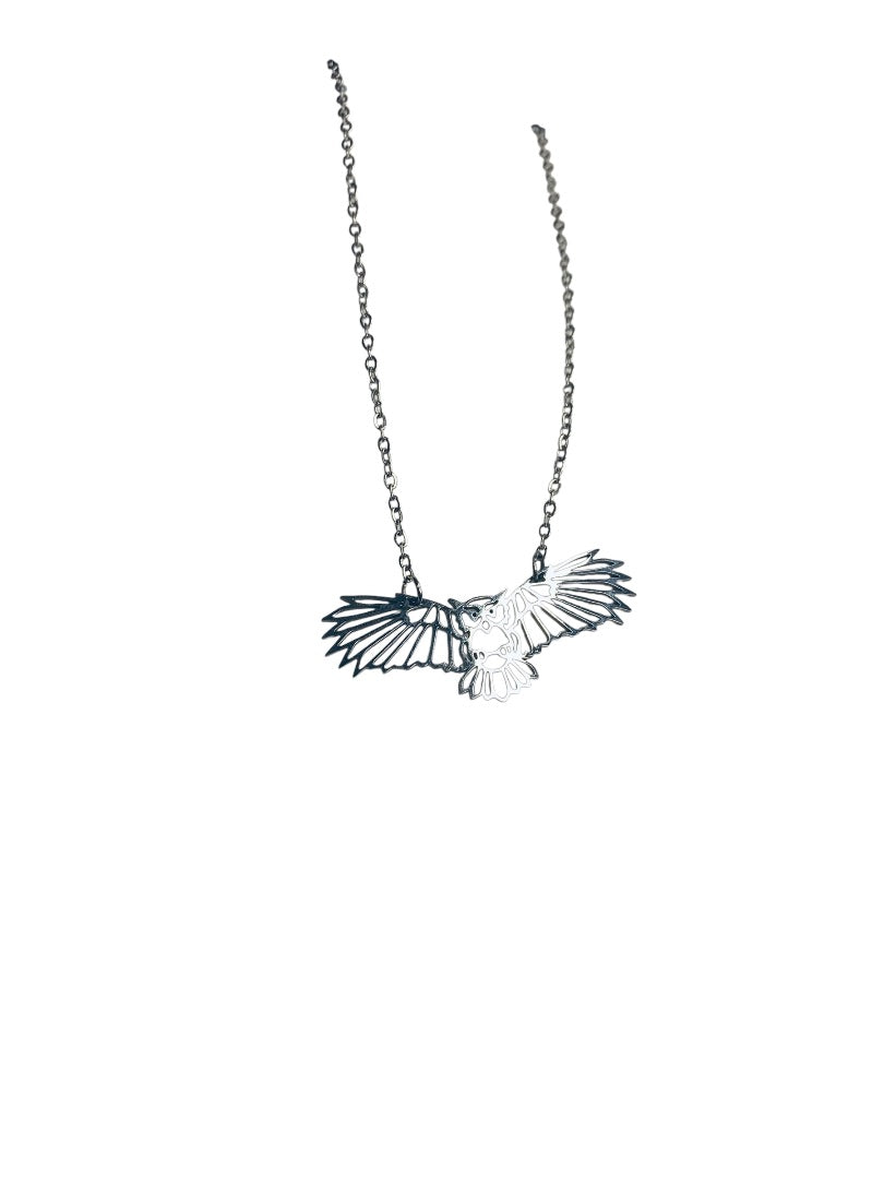 Silvertone Flying Owl Pendant Lasercut 18 Inch