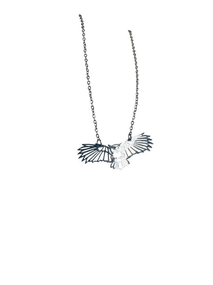 Silvertone Flying Owl Pendant Lasercut 18 Inch