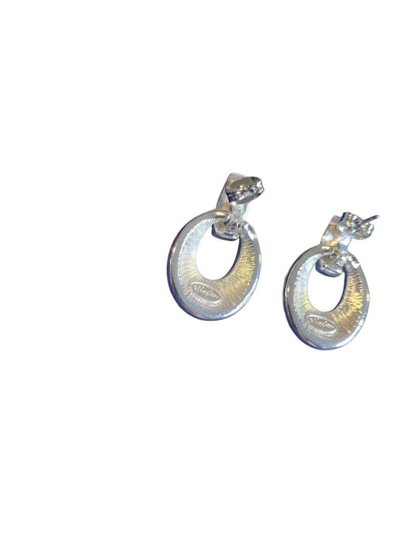Signed Napier Post Pierced Earrings Doorknocker Silvertone Rhinestone