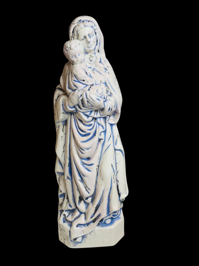 Vintage Madonna Baby Jesus Ceramic Figurine Artistic Glaze Blue Black 13.5 Inch