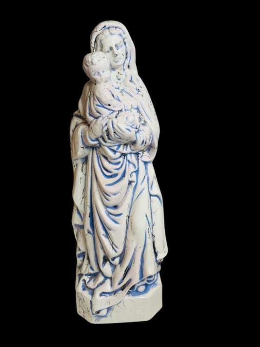 Vintage Madonna Baby Jesus Ceramic Figurine Artistic Glaze Blue Black 13.5 Inch