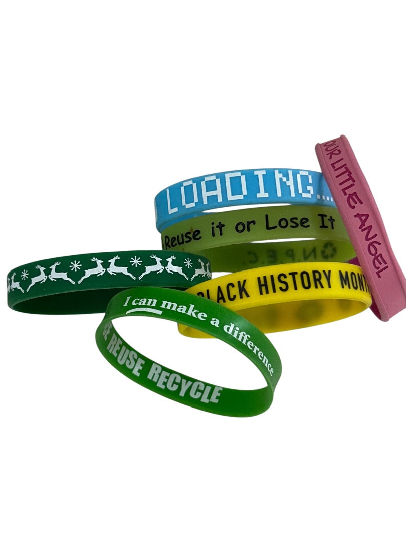 Lot of 6 Assorted Rubber Bracelets Holiday Recycle Gaming Black History