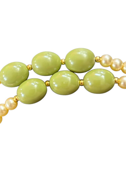 Vintage Faux Pearl Avocado Green Necklace 22 Inch Spring Clasp