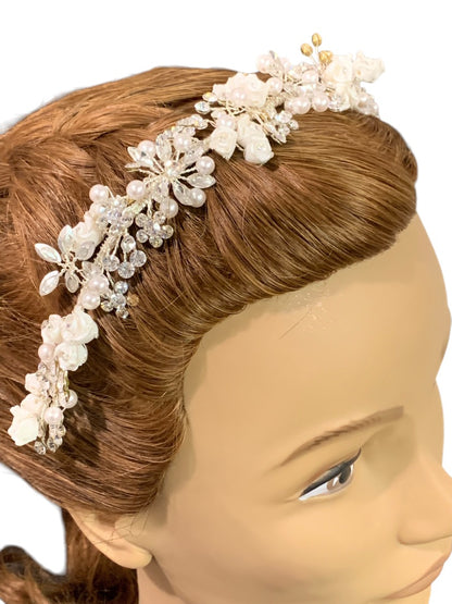 Silvertone and White Floral Girls Headband First Communion Formal Crystal