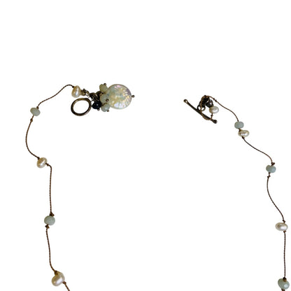 Silvertone Heart Pendant Necklace Delicate Aqua and Pearl Beads 18.5 Inch