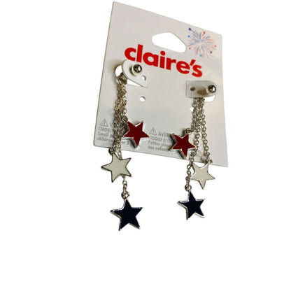 Claires New Post Pierced Earrings Silvertone Stars Patriotic USA 2.5 Inch Drop
