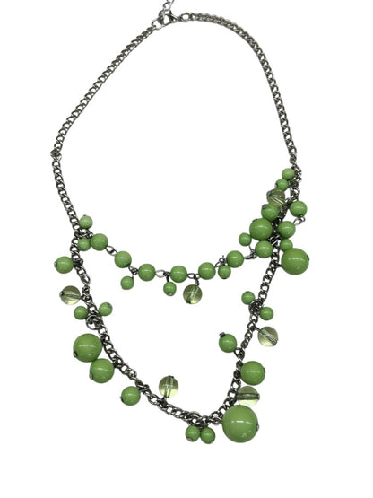 Tiered Kiwi Green Silvertone Statement Necklace 3.5" Drop Lobster Clasp