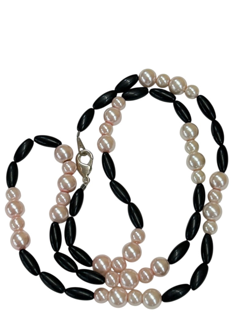 Faux Pink Pearl Black Bead 24 Inch Necklace Spring Clasp Lobster Clasp