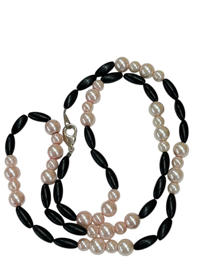 Faux Pink Pearl Black Bead 24 Inch Necklace Spring Clasp Lobster Clasp