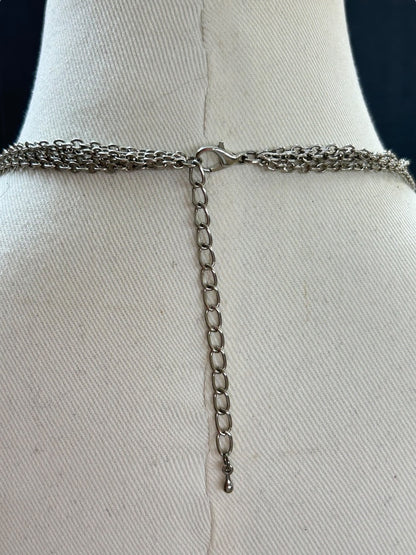 4 Strand Silvertone Beaded Bib Statement Necklace 16 Inch