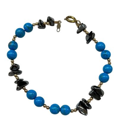 Beaded 7 Inch Spring Clasp Bracelet Turquoise Amethyst Goldtone