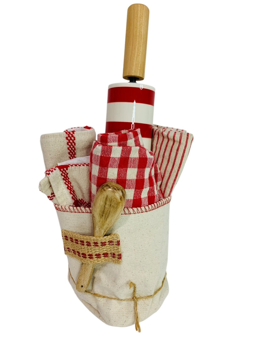Kitchen Baking Set 3 Towels Spoon Ceramic Rolling Pin New Red