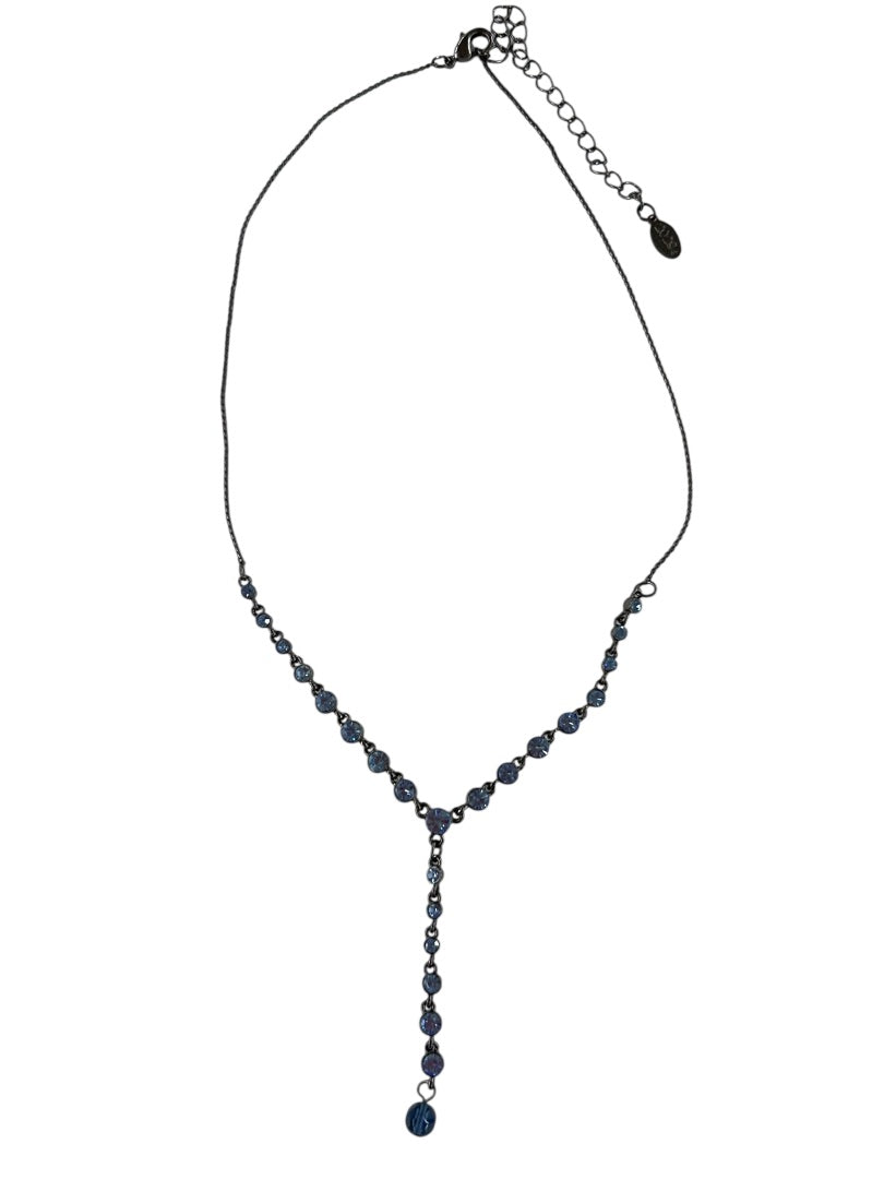 Pewter Color and Blue Crystal Necklace 15 Inch Chain 2" Drop