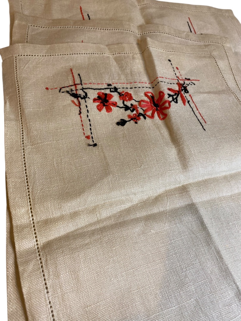 Vintage Embroidered Linen Napkins and Placemat Pink Black Natural