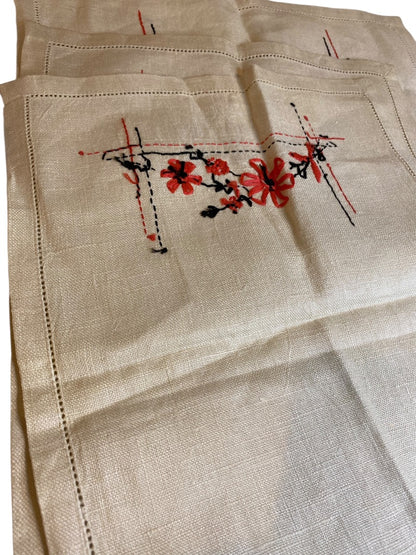 Vintage Embroidered Linen Napkins and Placemat Pink Black Natural