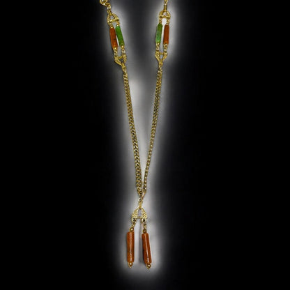 Vintage Emmons Long Tassel Necklace Goldtone Green Orange Acrylic Beads 36 Inch