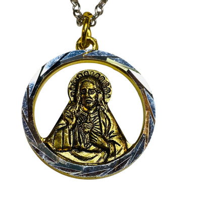 Vintage Jesus Sacred Heart Lightweight Pendant Necklace Goldtone Silvertone