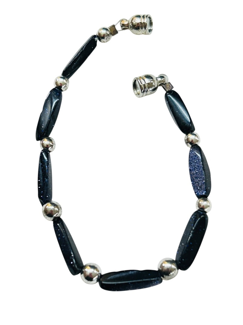 Navy Blue Sparkle Silvertone Bracelet 6.75 Inch Magnetic Clasp