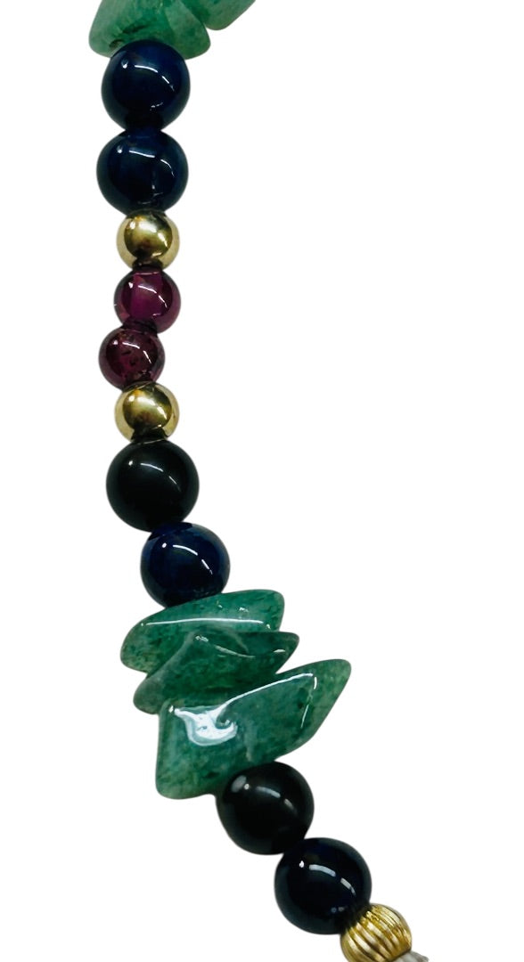 Beaded and Chip Stone 7 Inch Bracelet Green Blue Goldtone Spring Clasp